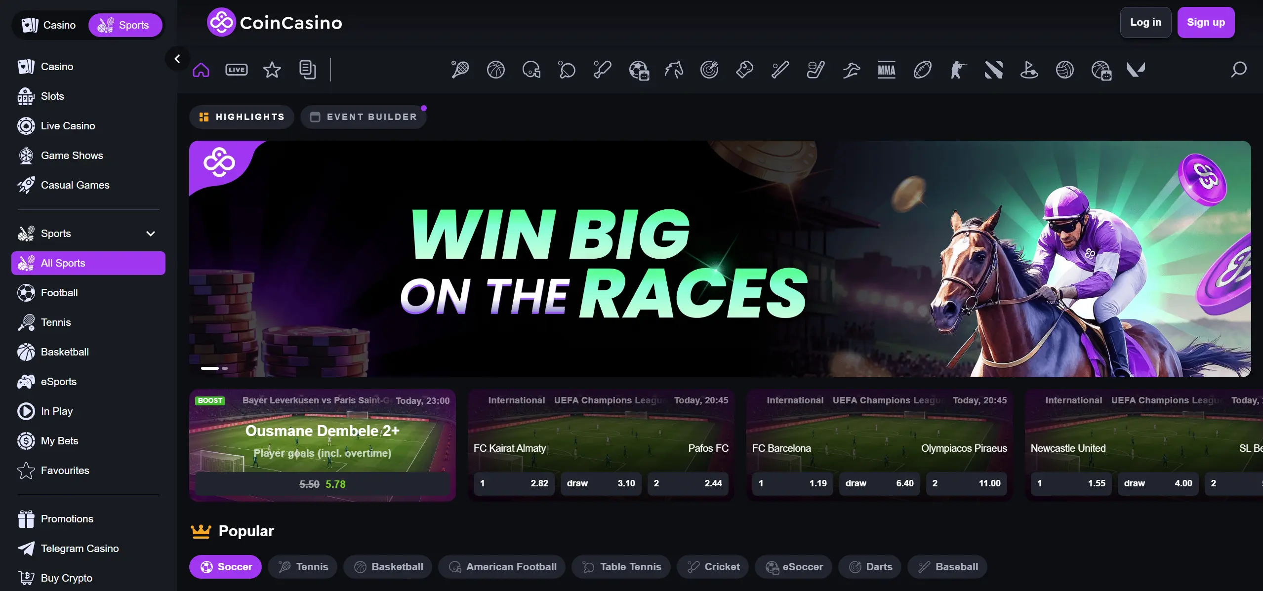 The sports betting platform on the CoinCasino site.