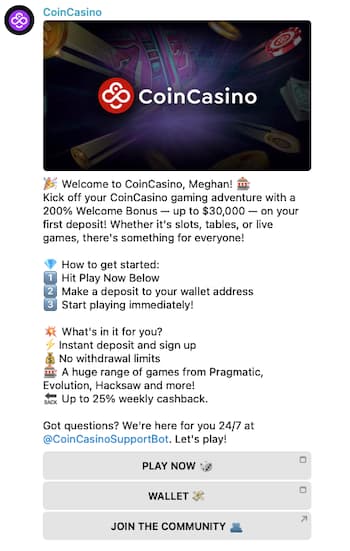 A snapshot of CoinCasino Telegram promo showcasing a 200% welcome bonus, instant deposits, cashback offers, and mobile play options.