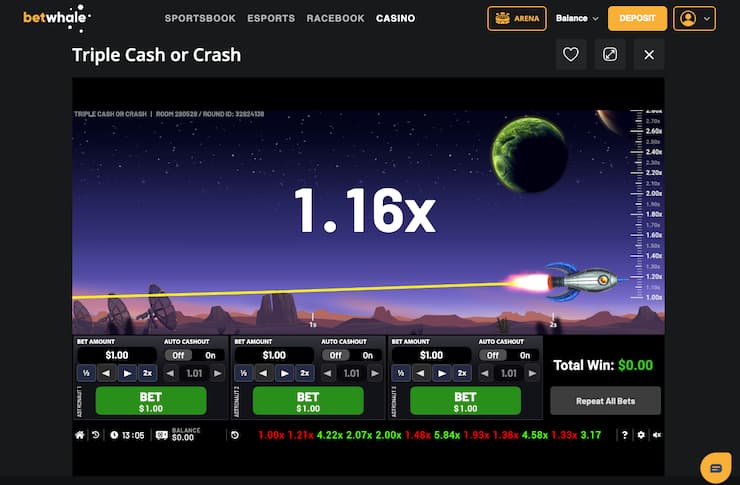 Snapshot of BetWhale Triple Cash or Crash game at a real money online casino.