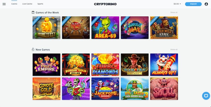 Screenshot of Cryptorino casino games section with live dealer and slot options – anonymous crypto casino NZ