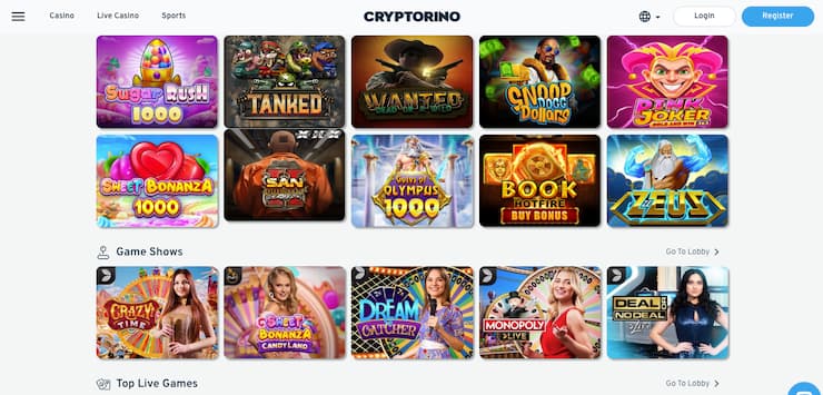 Cryptorino casino lobby featuring live dealer and slot games at a no account casino