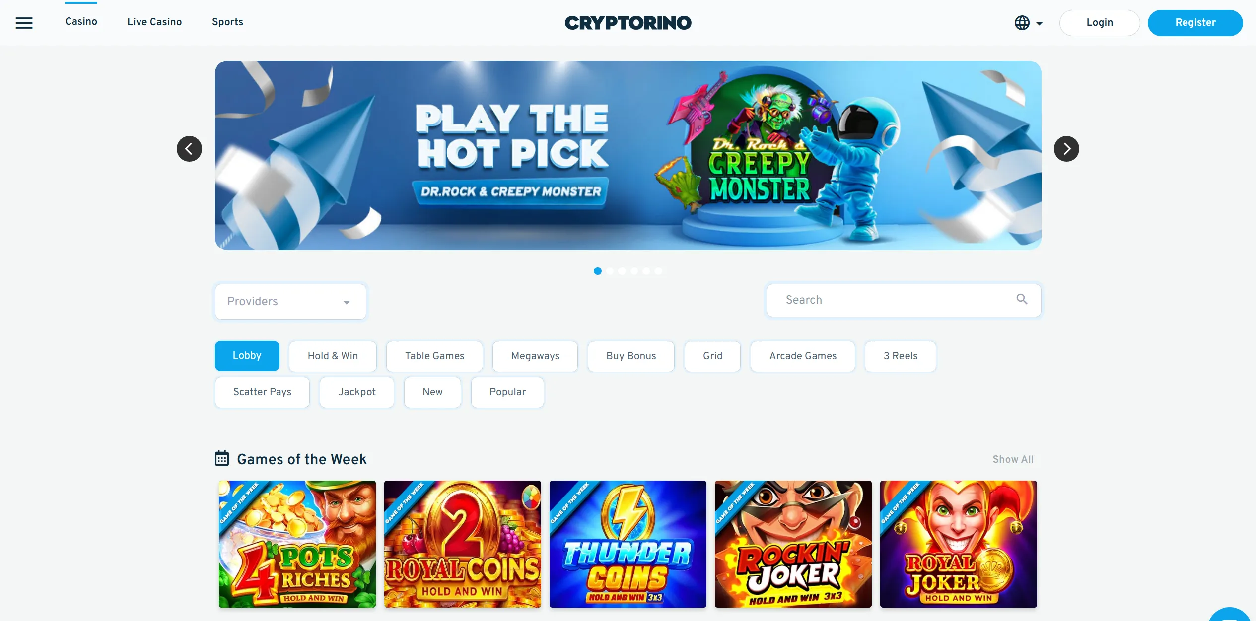 A screenshot of one of the most popular free spins casinos UK, Cryptorino