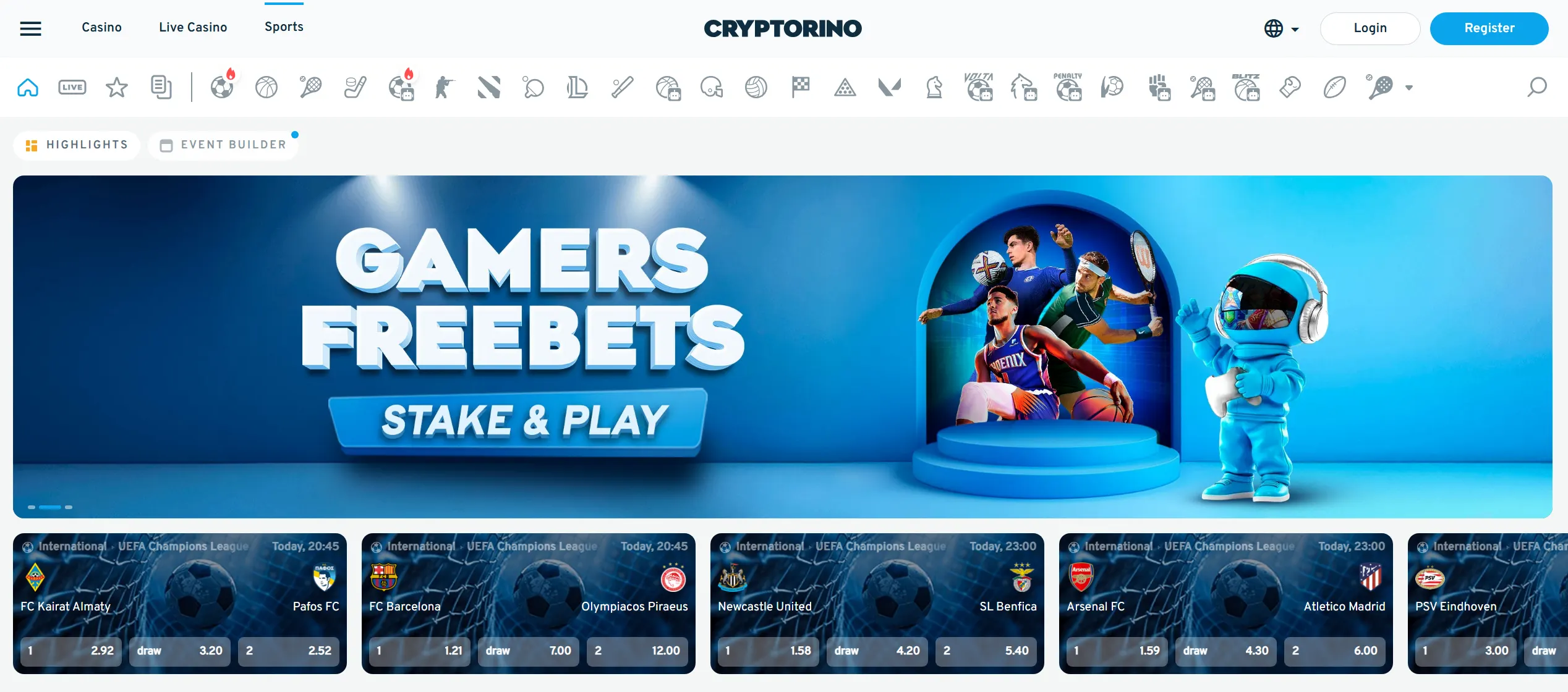 A screenshot of the Cryptorino sportsbook.