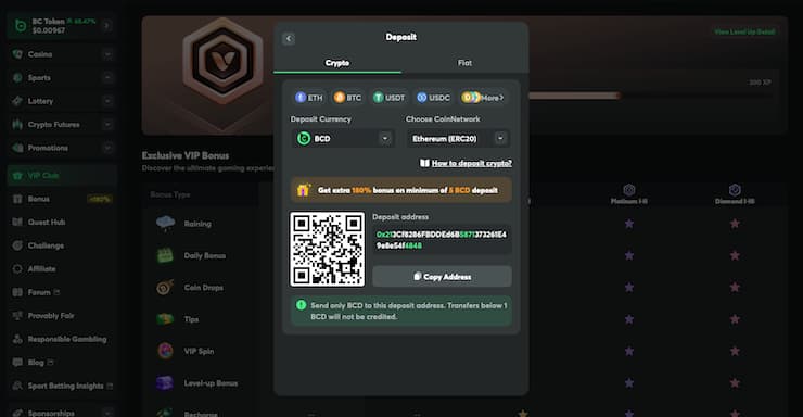 BC.Game crypto casino deposit screen showing Bitcoin bonus offer