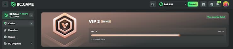 BC.Game VIP Bitcoin casino level progress bar showing XP points