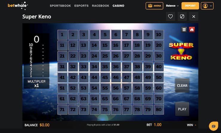 Screenshot of BetWhale Super Keno game at an online keno casino site.