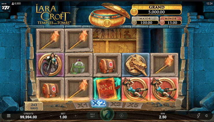 A screenshot of the base game in the Lara Croft Temples and Tombs slot.
