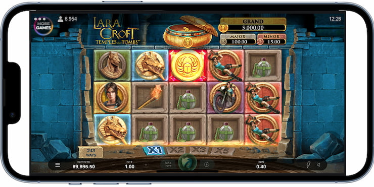 A mobile screenshot of the Lara Croft: Temples and Tombs slot game.