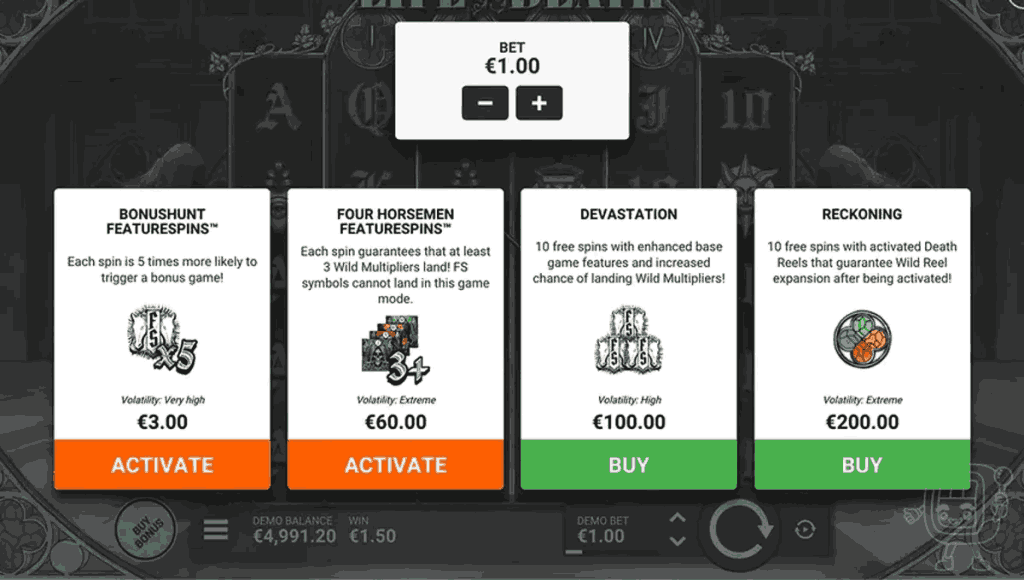 Step 4 – Use the Bonus Buy for Instant Action for playing life and death slot