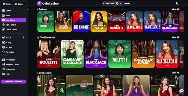 A snapshot of CoinCasino live dealer crypto casino games with roulette and blackjack tables.