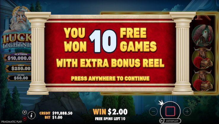 The free spins screen in the Lucky Lightning slot. 