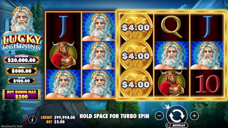 A screenshot of the Lucky Lightning slot gameplay.