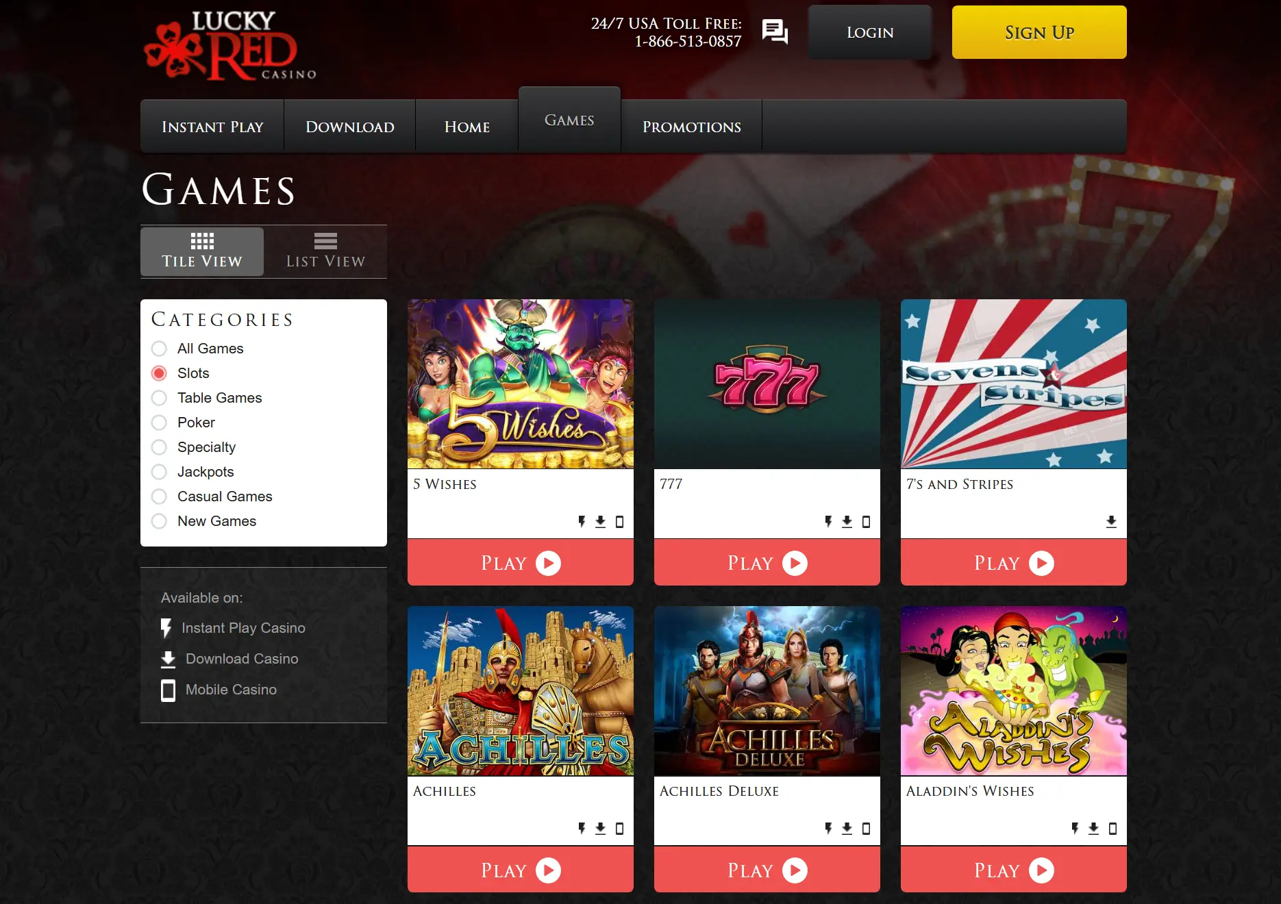 A screenshot of Lucky Red minimum deposit casino games lobby showing slot titles and categories menu.