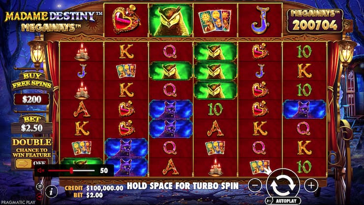 A screenshot of the main game in the Madame Destiny Megaways slot.