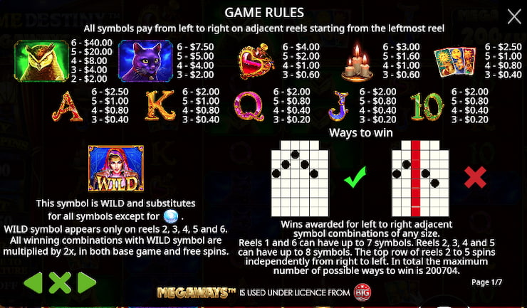 The Madame Destiny Megaways slot paytable.
