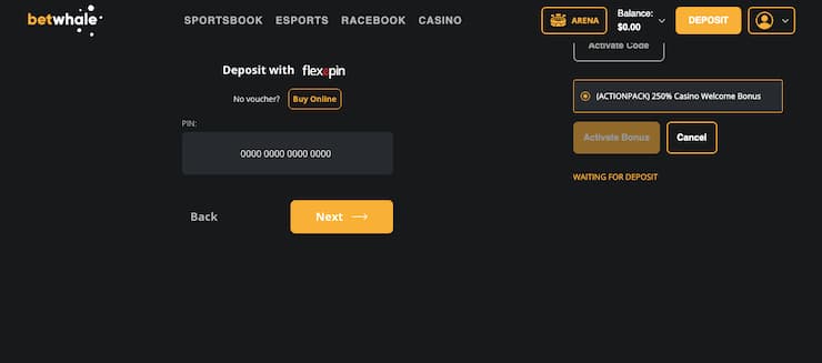 BetWhale real money casino deposit screen using Flexepin voucher with bonus code option
