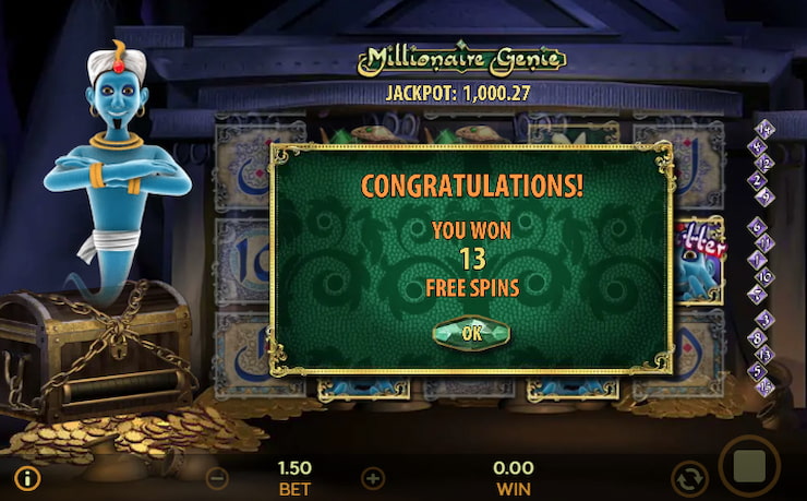 The free spins bonus screen in the Millionaire Genie slot.