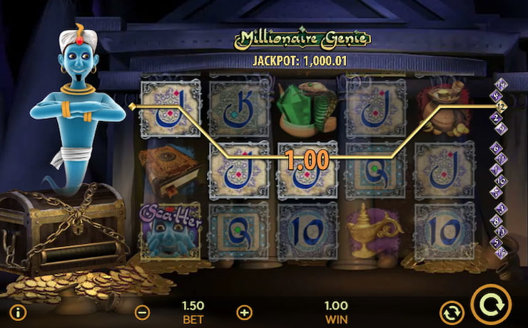 A screenshot of a winning line in the Millionaire Genie slot.