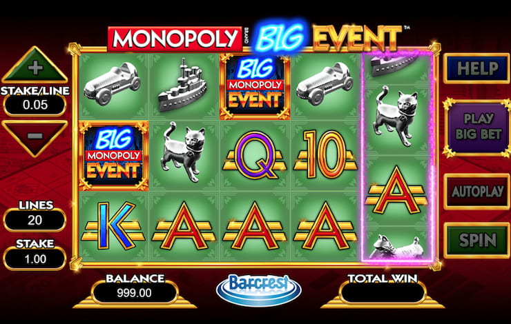 A screenshot of the Monopoly Big Event slot gameplay.