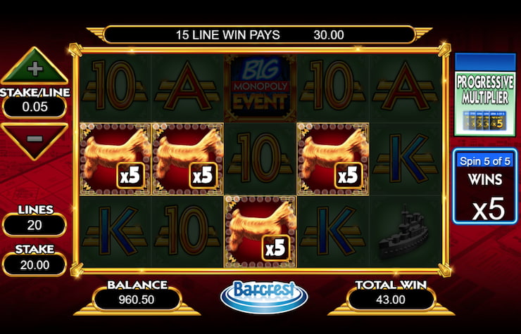A winning line with a 5x multiplier in Monopoly Big Event.
