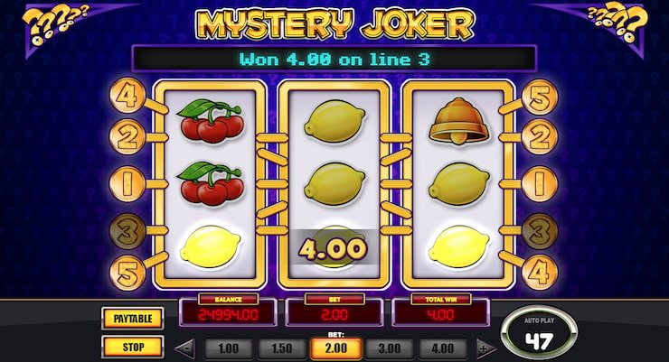 A screenshot of the Mystery Joker slot gameplay.