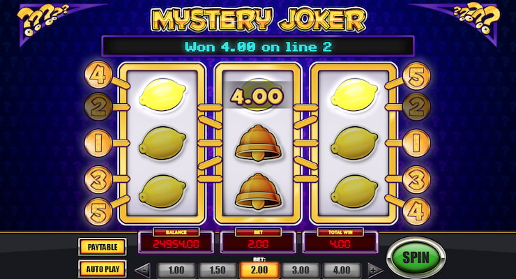 A winning line on the Mystery Joker slot game.