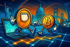 Futuristic crypto coins entering a no account casino on a blockchain grid.