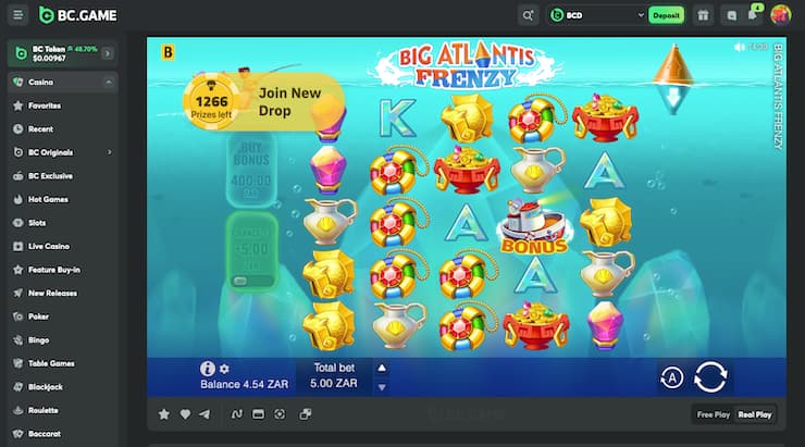 BC.Game Bitcoin casino slot game Big Atlantis Frenzy gameplay screen