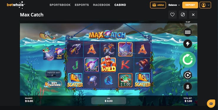 BetWhale $20 minimum deposit casino slot game Max Catch gameplay screen