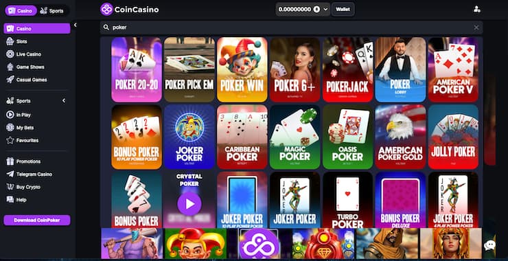 A snapshot of CoinCasino crypto poker games including bonus poker, joker poker, and Caribbean poker.