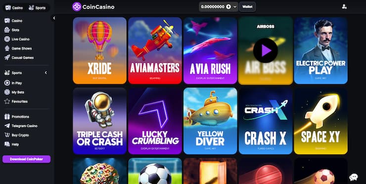 A snapshot of CoinCasino provably fair crypto casino games such as Crash, Space XY, and Lucky Crumbling.