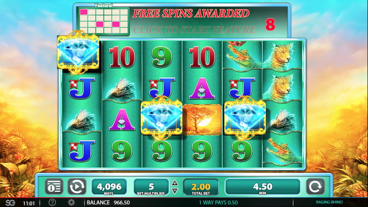 The free spins bonus in the Raging Rhino slot.