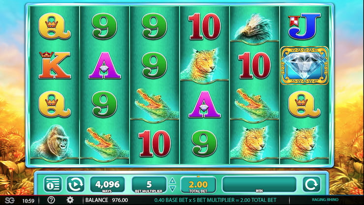 A screenshot of the base game in the Raging Rhino slot.