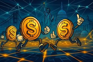 digital illustration of coins in a blockchain arena with US landmarks, symbolizing the best US real money online casinos.