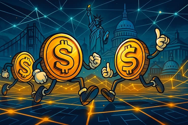digital illustration of coins in a blockchain arena with US landmarks, symbolizing the best US online casinos.