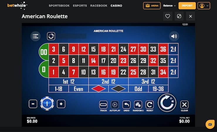 Screenshot of BetWhale American Roulette at a real money roulette casino.