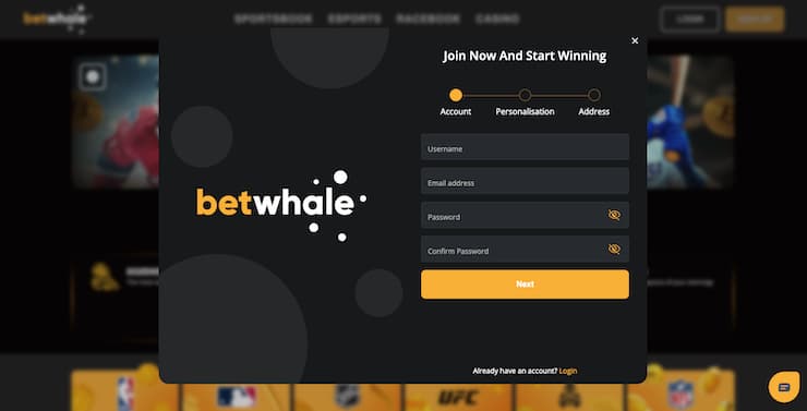 BetWhale casino $20 deposit sign up form with account registration fields