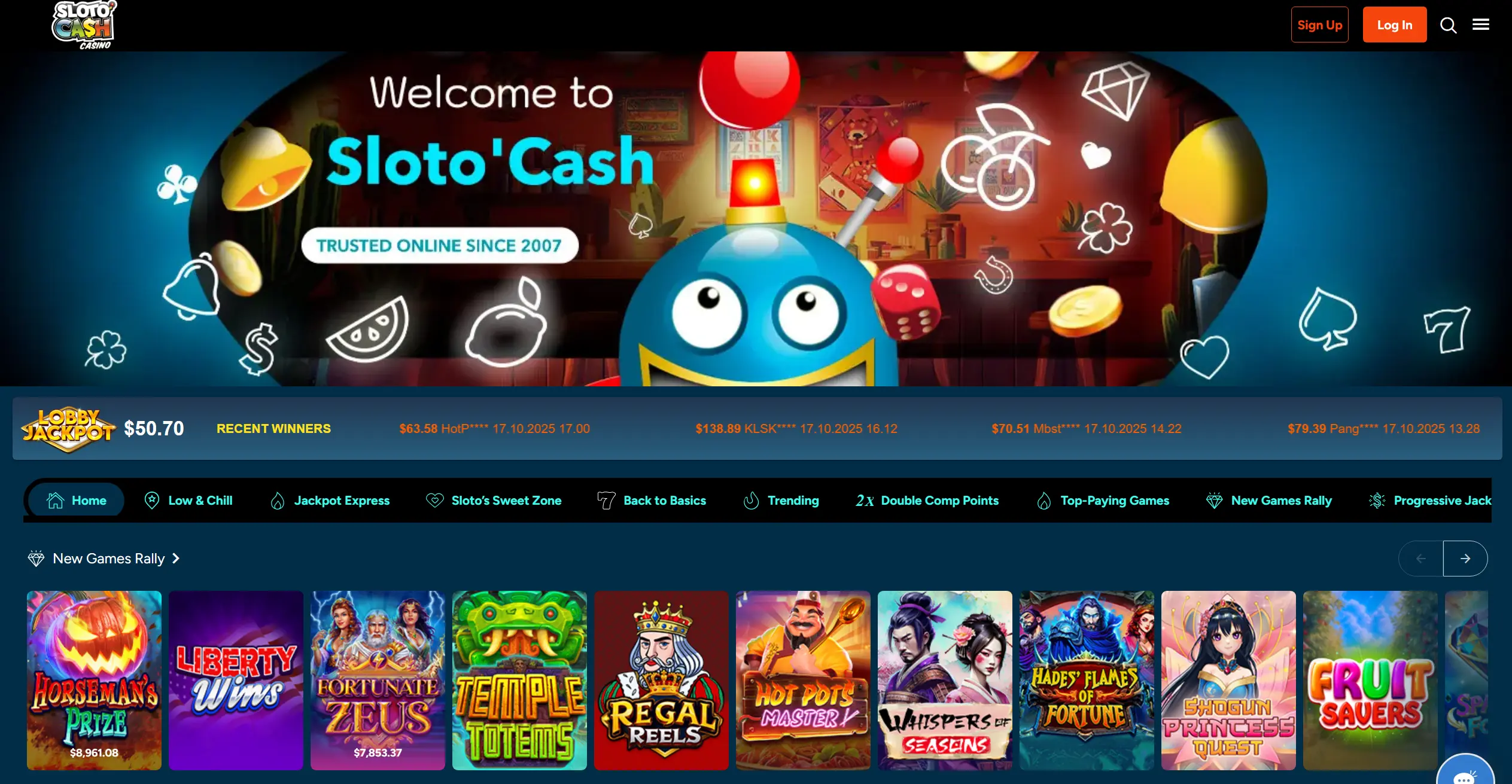 A screenshot of SlotoCash real money casino lobby showing slot games and categories.