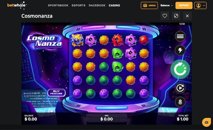 Snapshot of BetWhale Cosmonanza slot game at a real money slots casino.