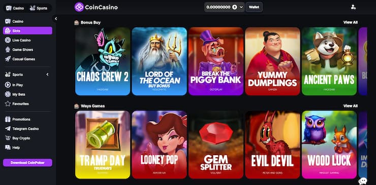 A snapshot of CoinCasino crypto slots NZ titles like Chaos Crew 2, Lord of the Ocean, and Gem Splitter.