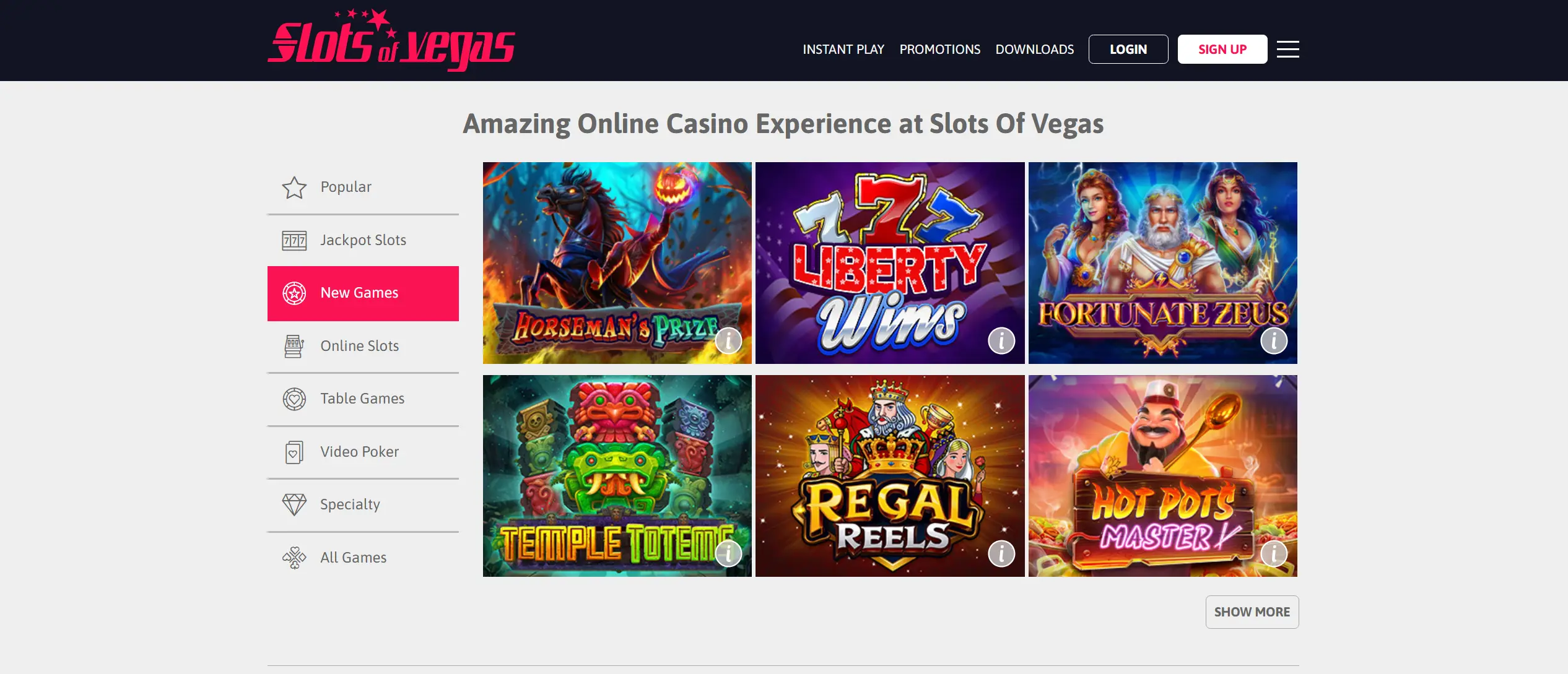 A screenshot of Slots of Vegas real money casino games lobby showing slot titles and categories.
