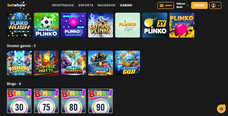 Specialty games at $20 deposit casino BetWhale including Plinko and bingo