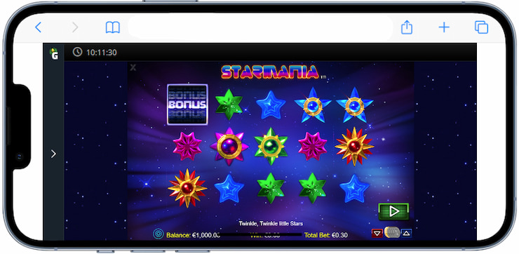 A mobile screenshot of the Starmania online slot.