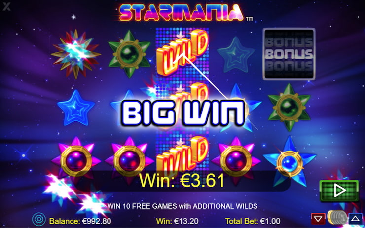 A screenshot of a big win on the Starmania slot.