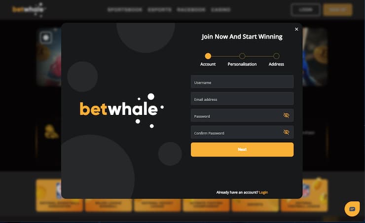 BetWhale sign up form for new online casino players with account creation fields
