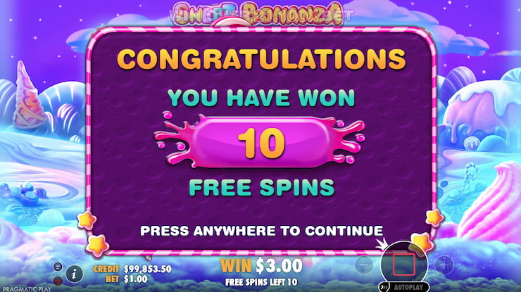 A screenshot of the free spins bonus screen in Sweet Bonanza.