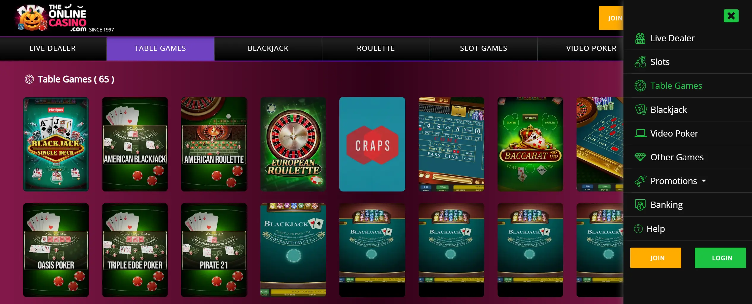 A screenshot of TheOnlineCasino real money casino lobby showing featured games, new slots, and live dealer tables.