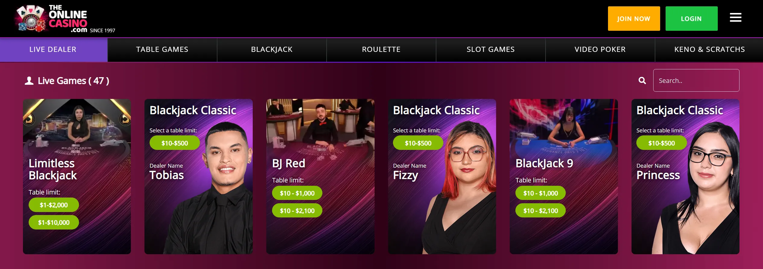 Live dealer blackjack tables at TheOnlineCasino