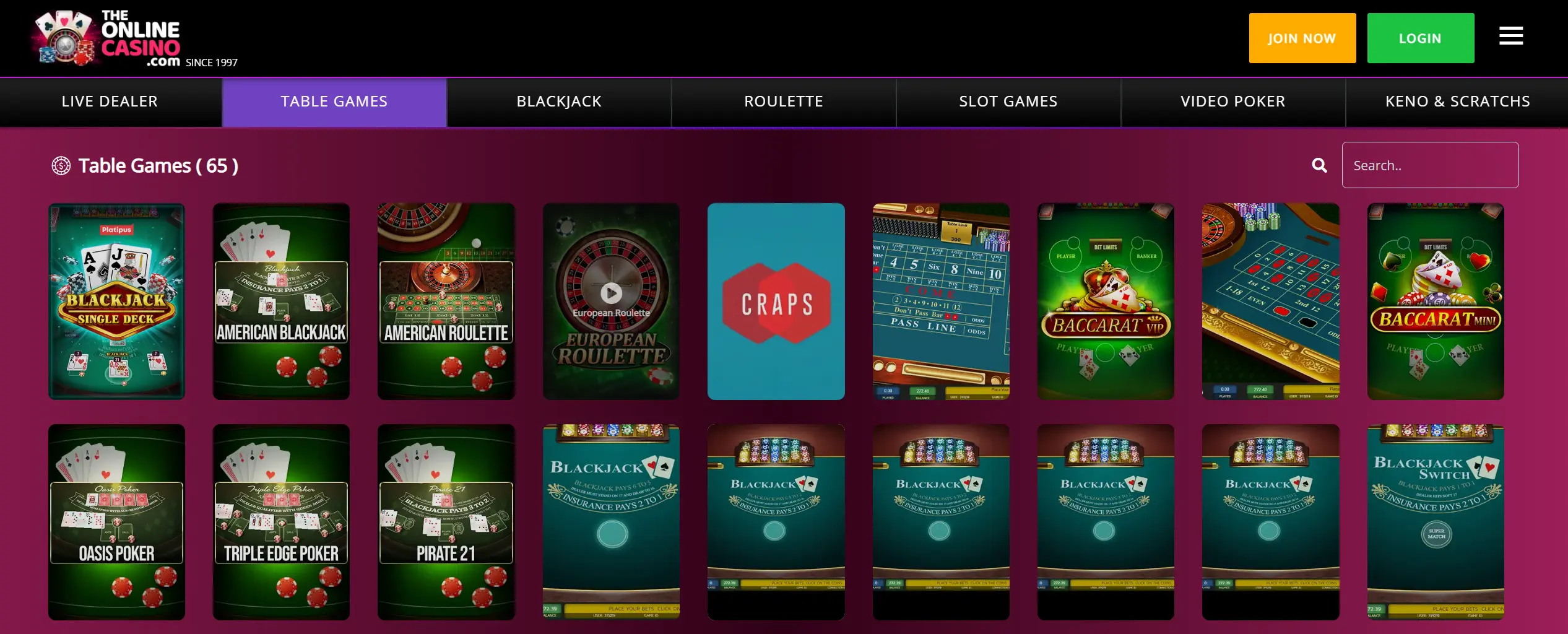 Table games including blackjack and roulette at TheOnlineCasino