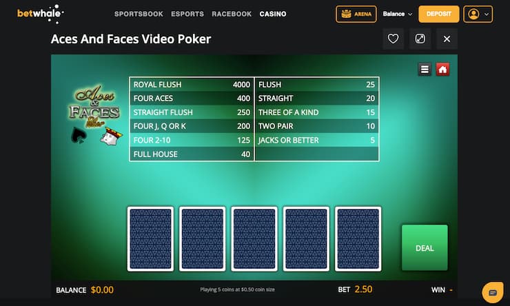 Screenshot of BetWhale Aces and Faces Video Poker at an online video poker casino.